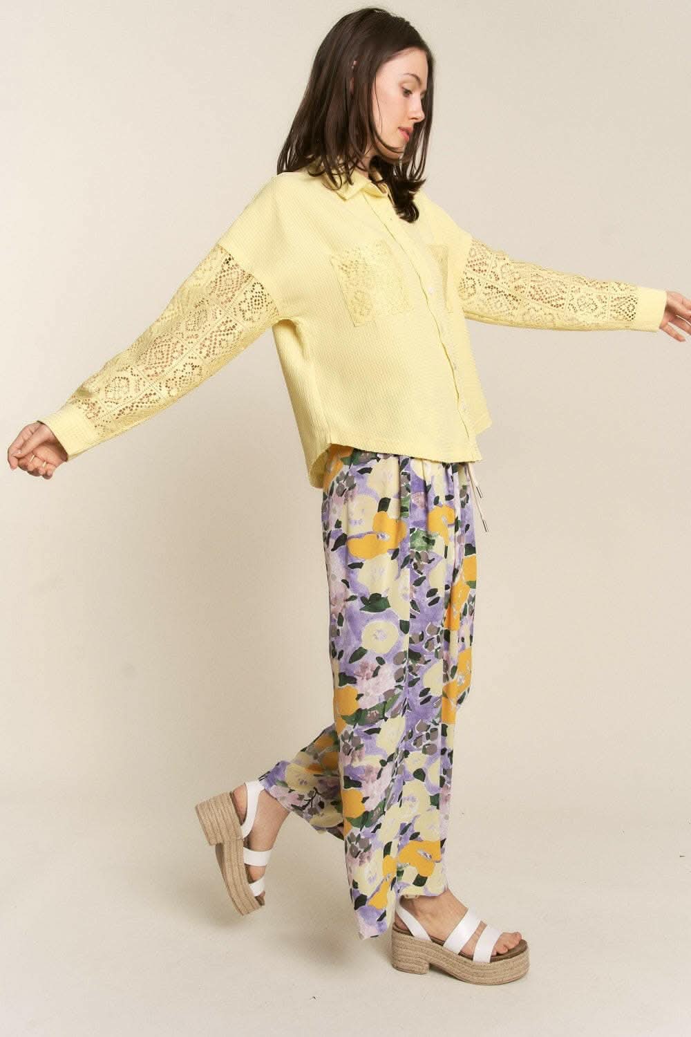 J.NNA Button Down Lace Long Sleeve Waffle Shirt - Love Salve